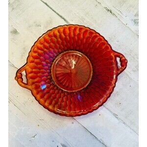 Indiana Glass Honeycomb Ruby Red Carnival Glass Handled Candy Dish VTG 7.5" MINT
